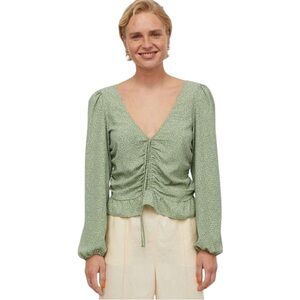 H&M Green Floral Puff Sleeve Peplum Blouse SZ XXL Peasant Coquette Romantic
